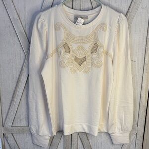 Loft Mosaic Cutout Sweatshirt Cream Embroidered Women's Top Medium NWT
